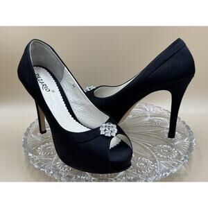 Black Satin Crystal Adorned Hidden Platform Heels | Dezario | Early 2000 Villain